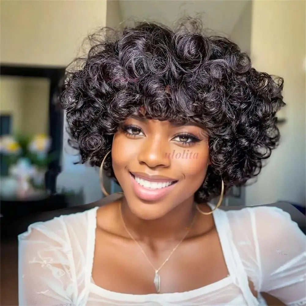 Bouncy Curly Pixie Bob Human Hair Wig With Bangs for Women
