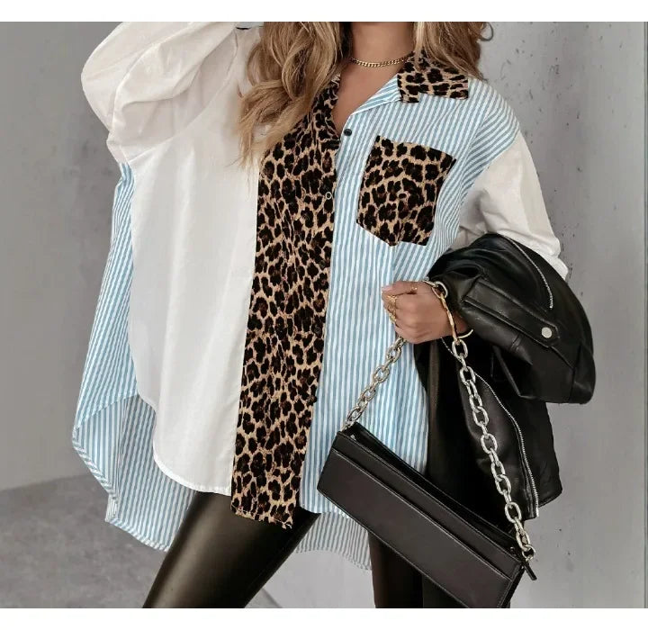 Long Sleeve Women Tops Leopard Print Striped Dip Hem Loose Fit Casual Blouse Button Front Turn-Down Collar Shirt 2024 Autumn New