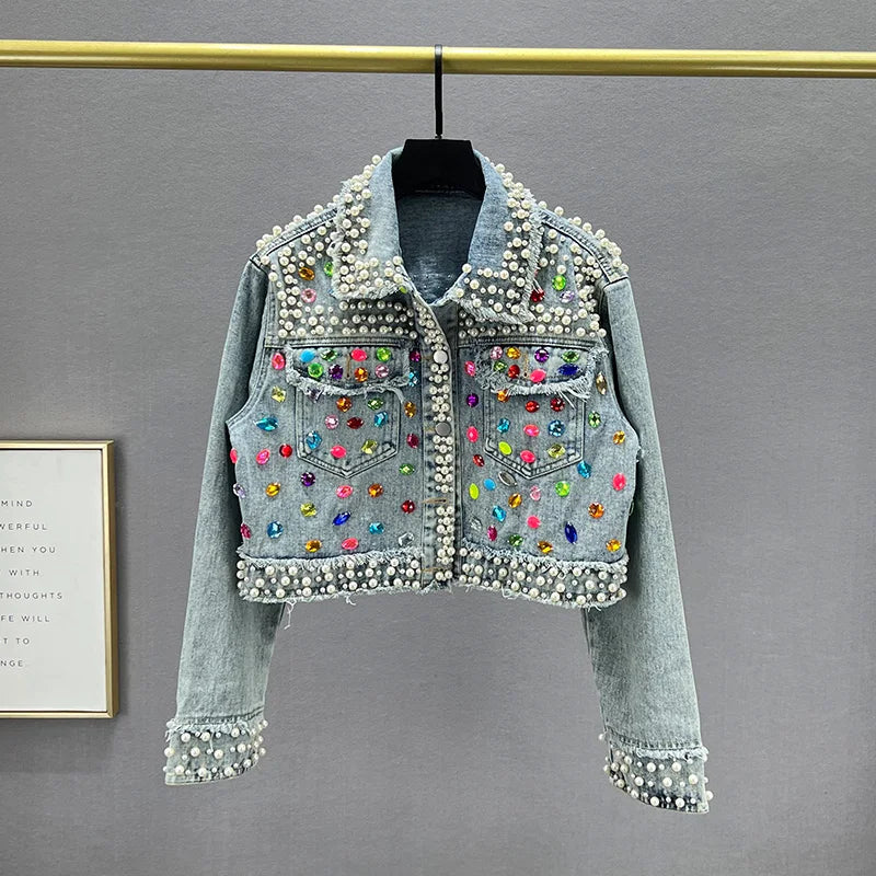 Rhinestone Studded Beaded Denim Lapel Jacket For Women