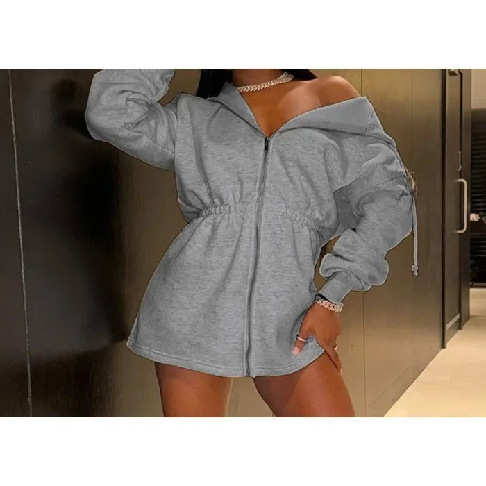 Hooded Short Dress for Women Summer and Fall 2025 New Casual Sexy High Waisted Zipper Short Dresses Solid Long Sleeved Dress