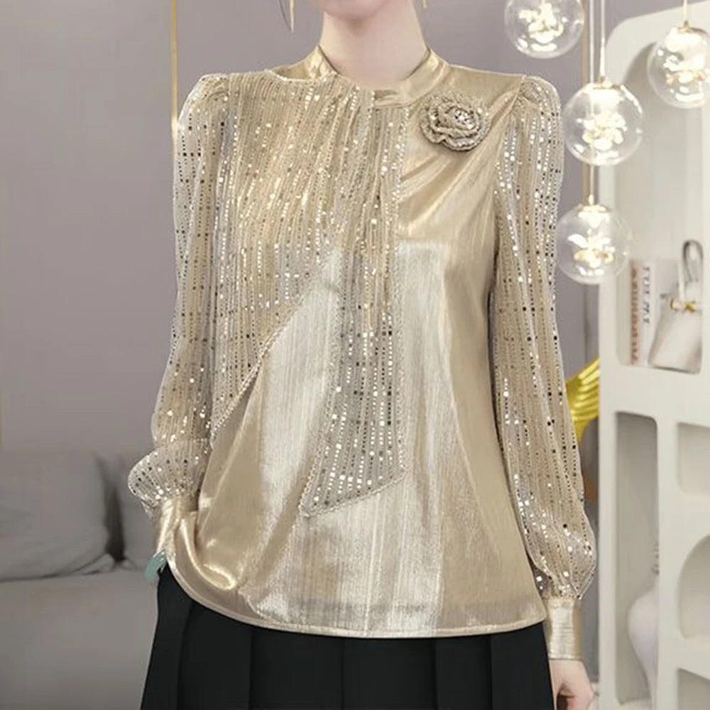 Chiffon Loose Small Stand Up Collar Bow Blouse for Women