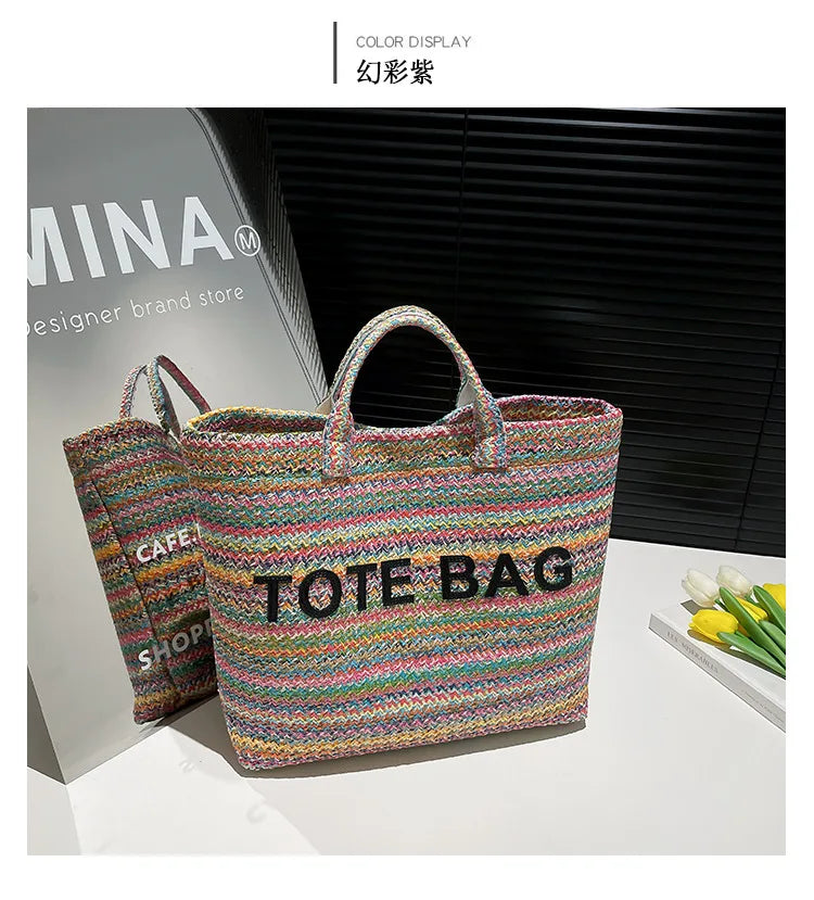 Large capacity beach woven bag, colorful striped tote bag, letter contrasting handbag for women