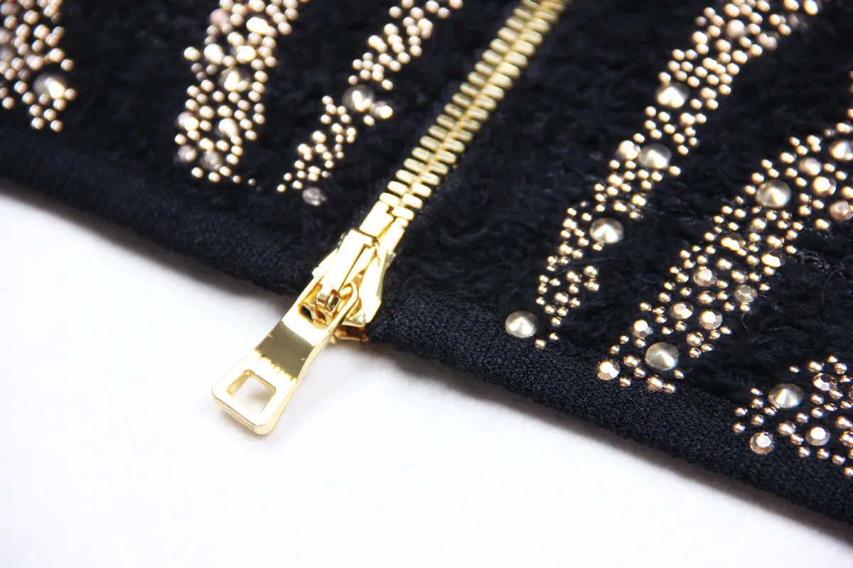 2025 Autumn New Heavy Knitted Hot Diamond Long-sleeved Jacket Sexy Vest + Skirt Set Light Luxury Party Women Three-piece Set