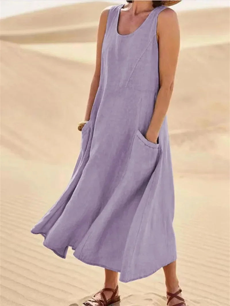 Casual Sleeveless Midi Dress With Side Pockets For Women