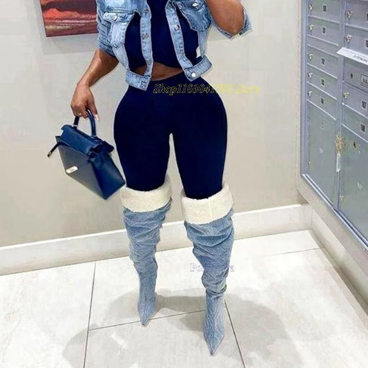Winter Furry Thigh High Boots Sexy Pointed Toe High Heels Boots Women Shoes Vintage Warm Heel Boots 2023 New Zapatos Para Mujere