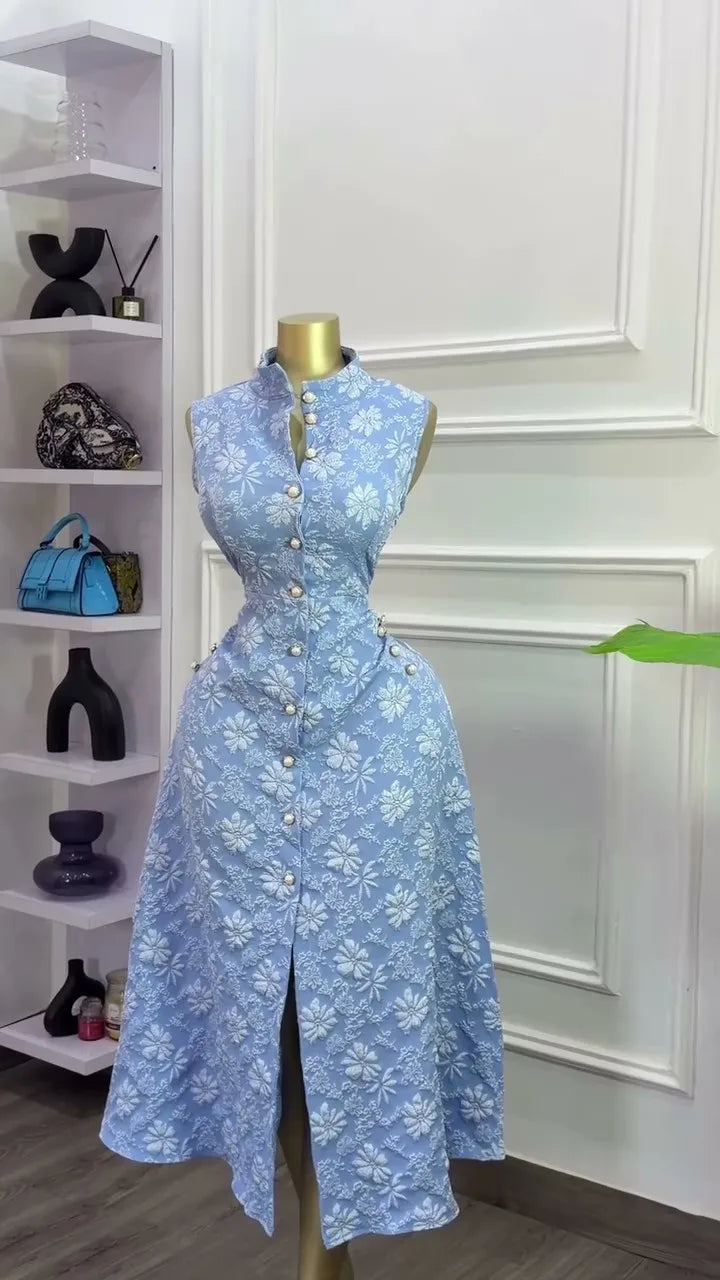 Elegant Sleeveless Stand Collar Midi Dress for Women