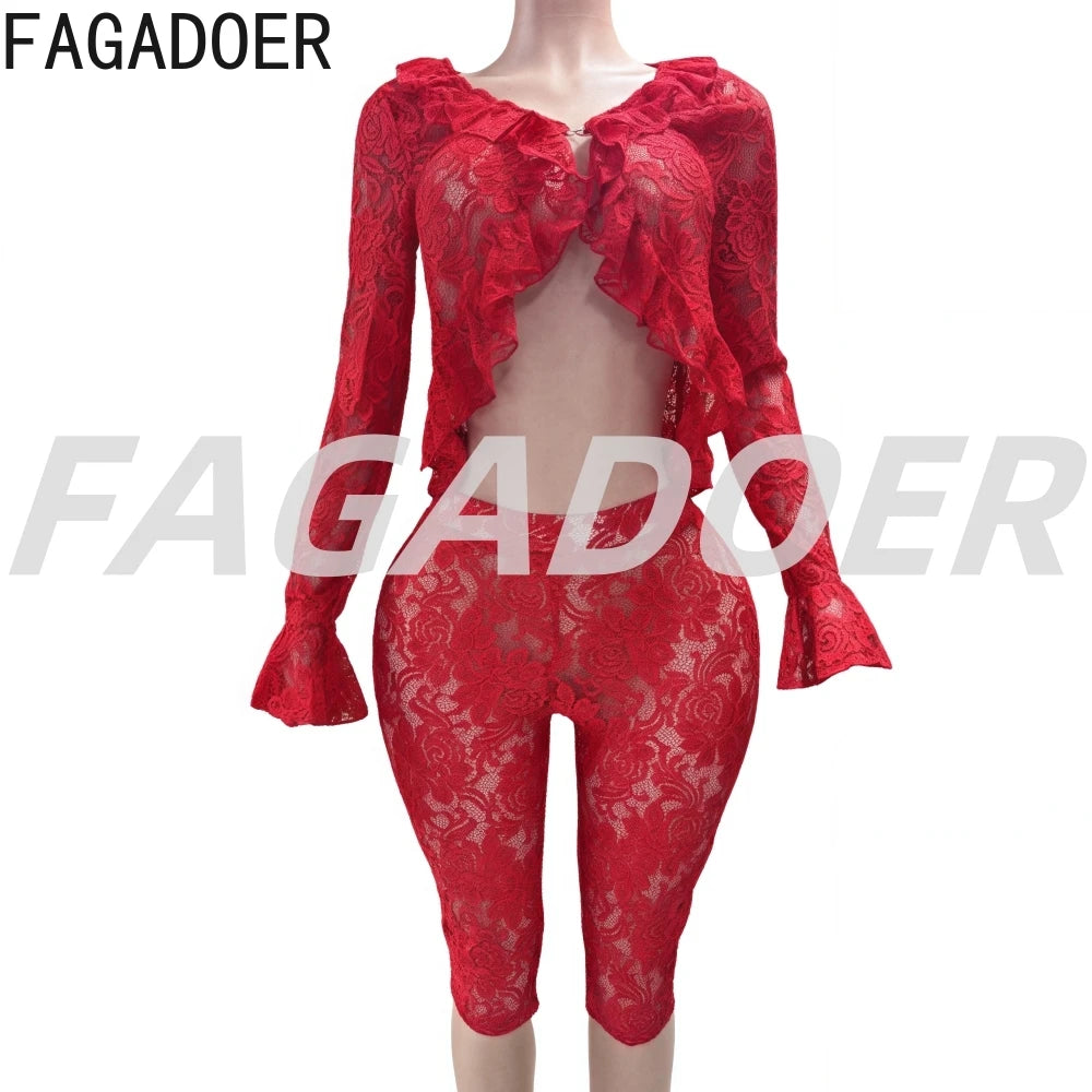 FAGADOER Sexy Lace See Through 2 Piece Sets Woman Outfit Mesh Hollow Out Crop Top and Shorts Suit Female Y2K Streetwear Clothing