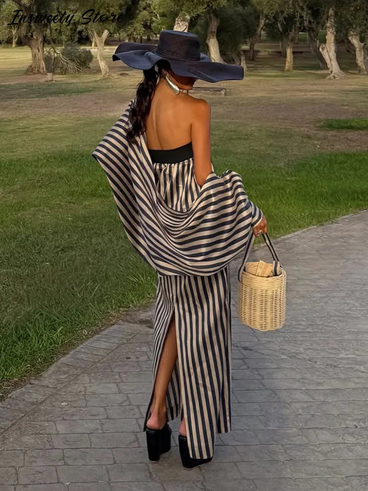 Striped Strapless Maxi Dress Set With Detachable Shawl for Women