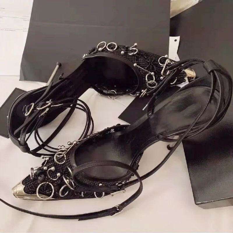Genuine Leather Mesh Silver Buckle Strap Pumps for Women