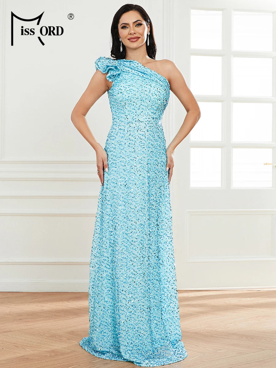Missord Grey Sequin Wedding Party Dress Elegant Women One Shoulder Sleeveless Ruffles A-line Prom Evening Dresses Long Gown