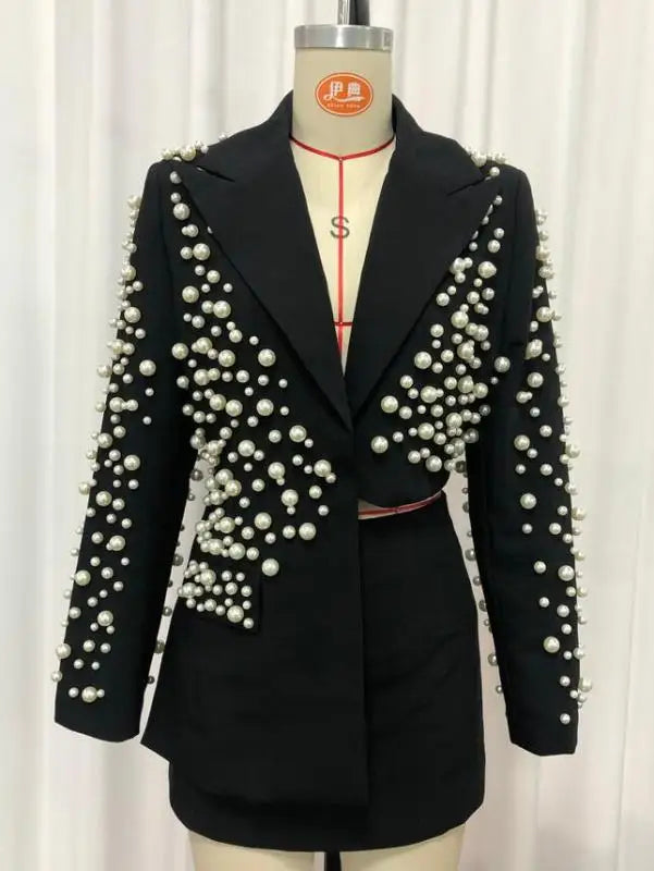 TWOTWINSTYLE Sexy Two Piece Sets For Women V Neck Long Sleeve Spliced Pearl Top High Waist Shorts Chic Set Female New KSE549891