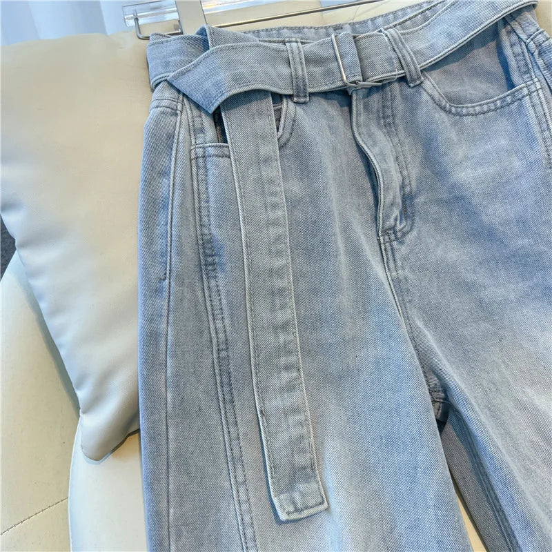 Fashion High Waist  Belt Jeans for Womrn Korean Versatile Loose Light Blue Denim Pants Retro Design Sense Wide Leg Trousers