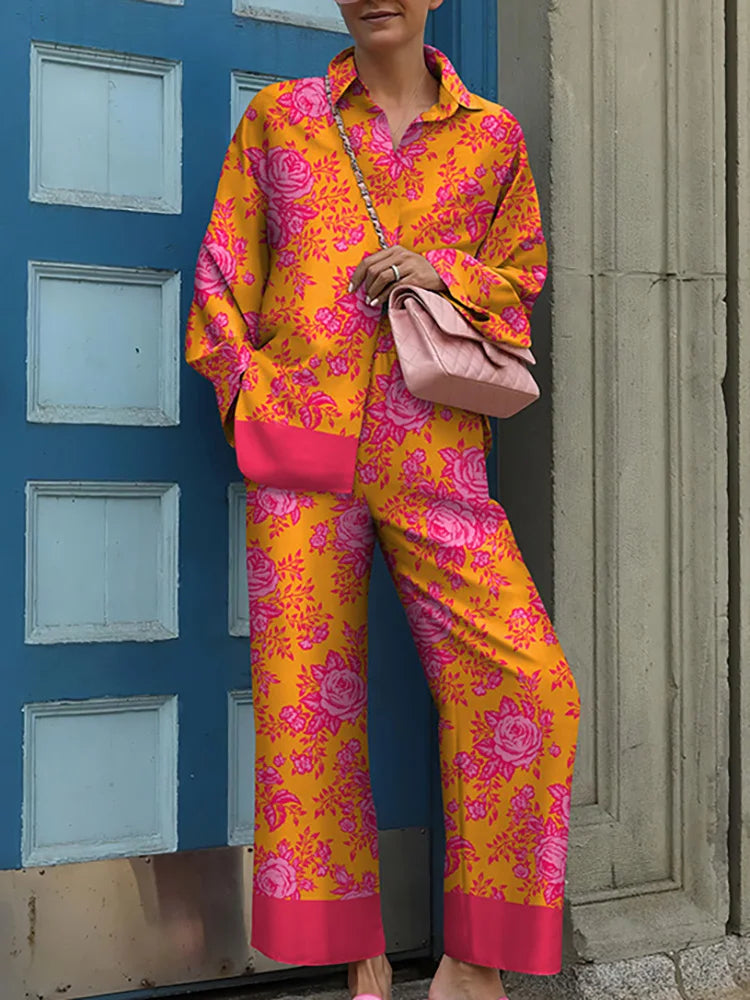 Vintage Printed Two Piece Trouser Suit Set for Women