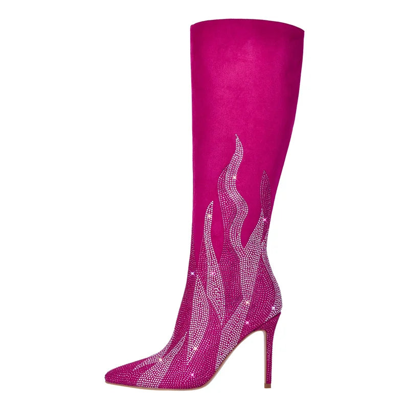 Pointed Toe Rhinestone Knee High Boots with Thin Heels for Women