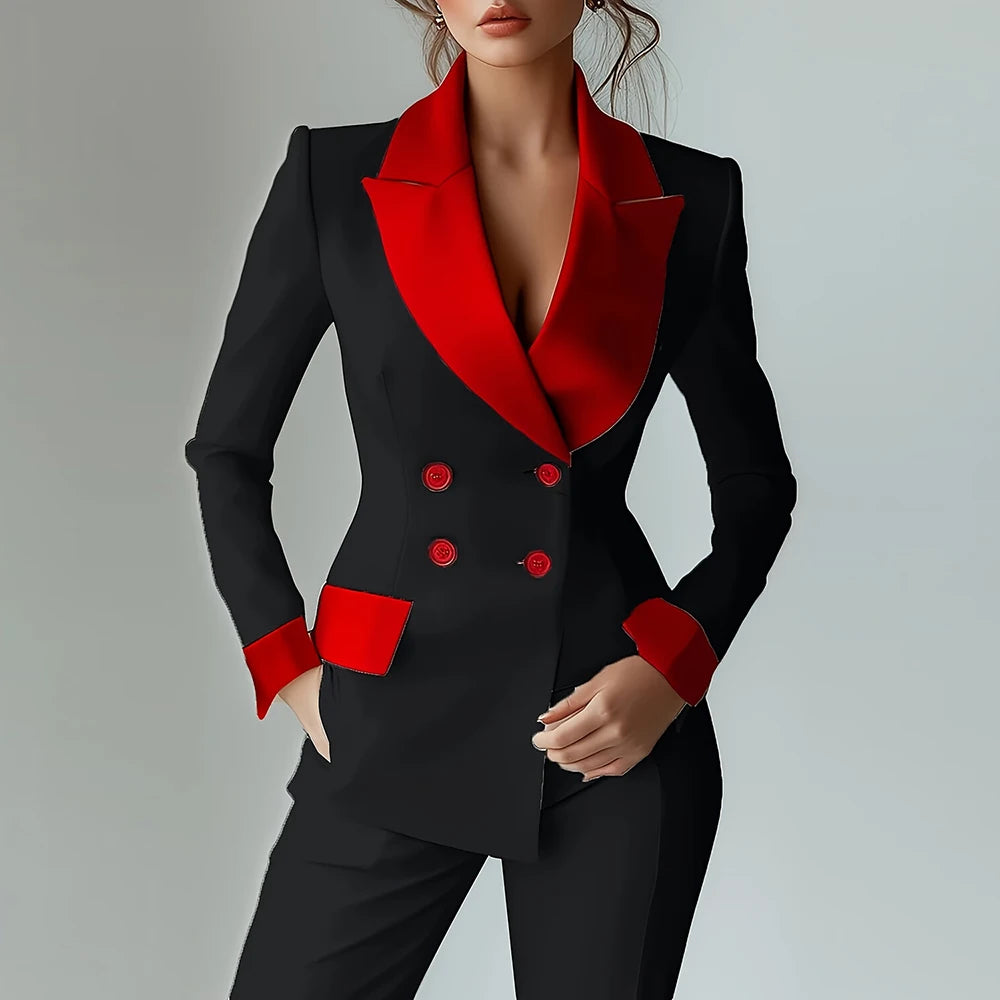Elegant Contrast Lapel Double Breasted Suit Jacket For Women