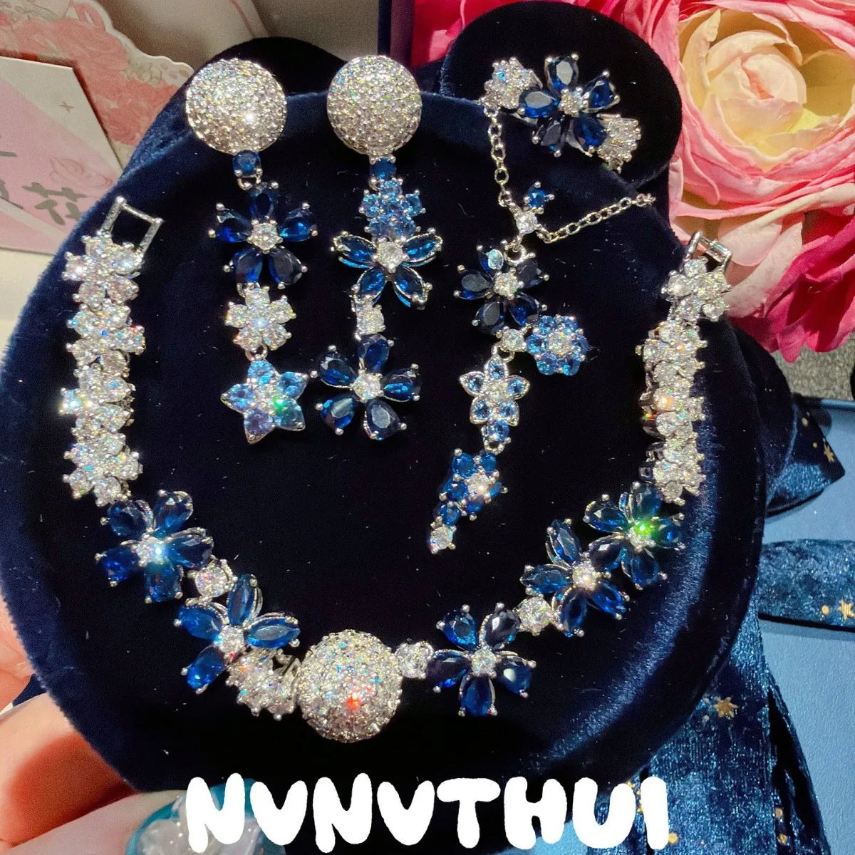 Vintage Blue Floral Zircon Necklace and Bracelet Set for Women