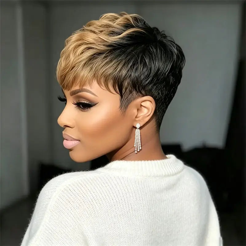 Curly Layered Ombre Short Pixie Cut Human Hair Wig for Women
