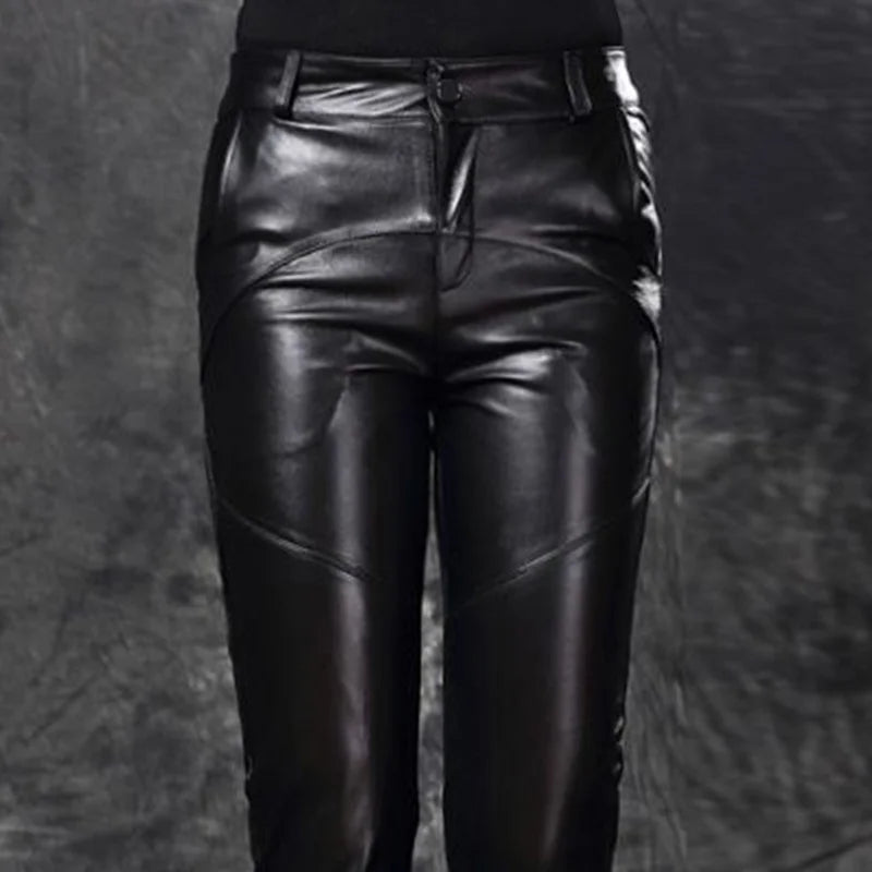 Mid Waist Faux Leather Straight Leg Trousers for Women