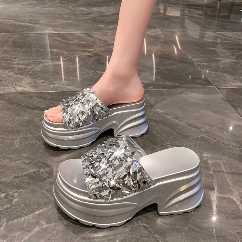 Metallic Sequined Platform Wedge Sandals for Women
