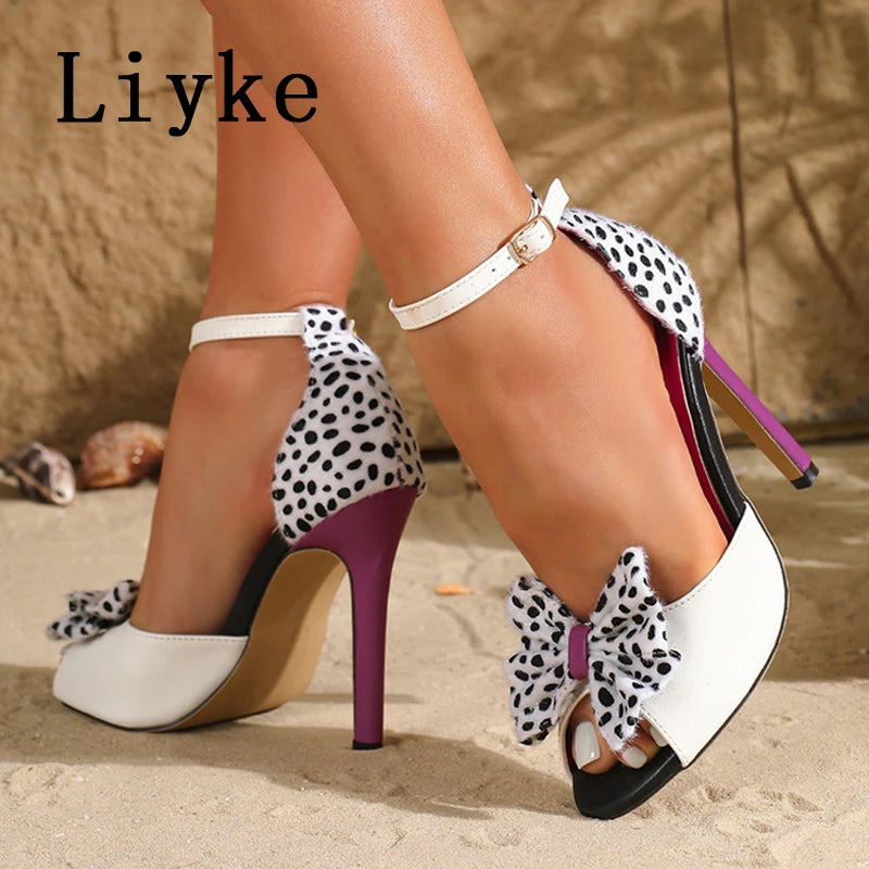 Polka Dot Bowknot Peep Toe Ankle Strap Sandals for Women