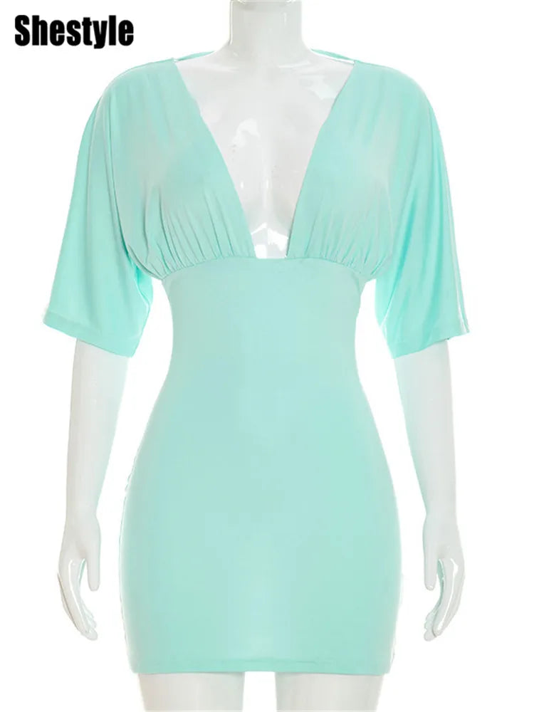 Blue V-Neck Short Sleeve Stretch Mini Dress for Women