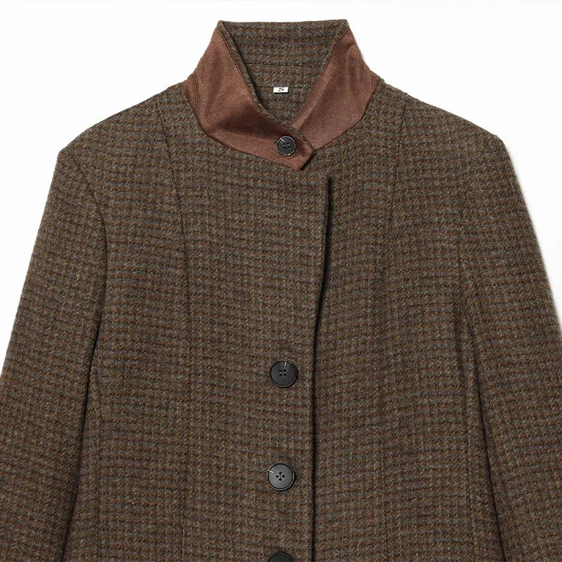 Elegant Grid Stand Collar Loose Single Breasted Woolen Coat for Women