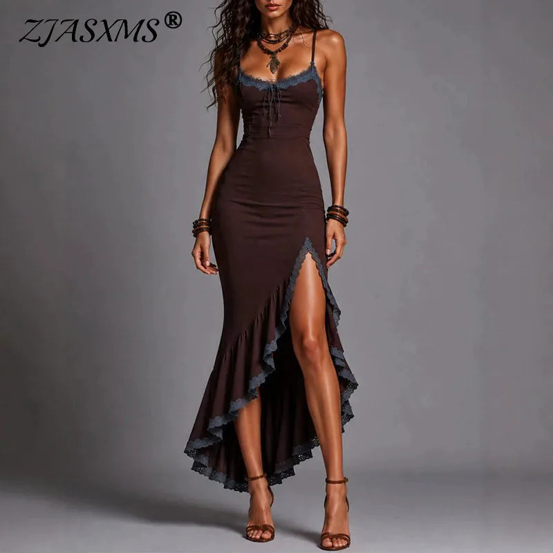 Lace Trim Mermaid Maxi Dress With Front Tie and High Slit for Women