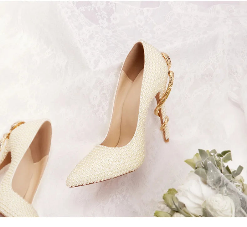 Golden Pearl Embellished Bridal High Heel Pumps For Women