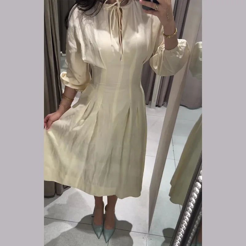 Lace Up Pleated Lantern Sleeve Midi Dress for Women
