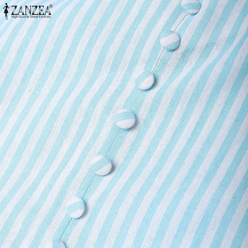 ZANZEA Women Elegant Striped Midi Dresses 2025 Summer Fashion V-Neck Short Puff Sleeve Fitted Waist A-Line Robes Femme Korean