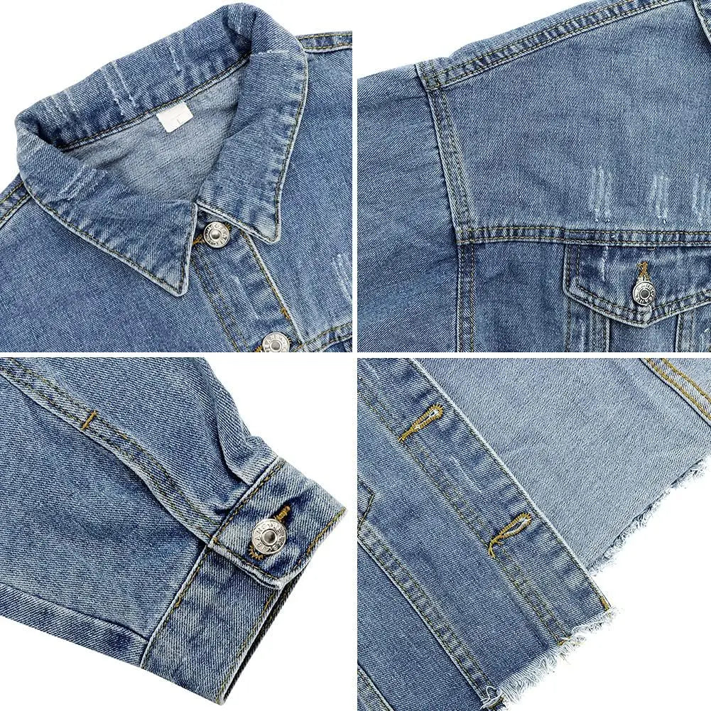 Vintage Distressed Denim Jacket With Turn Down Collar for Women