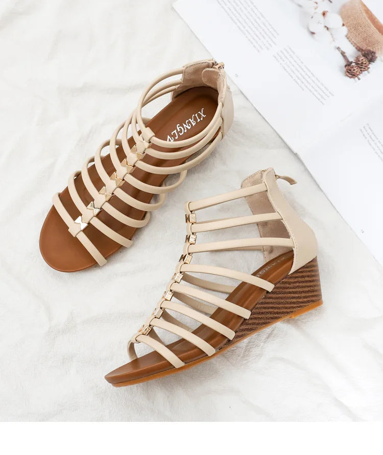 Vintage Hollow Roman Wedge Sandals Round Toe For Women