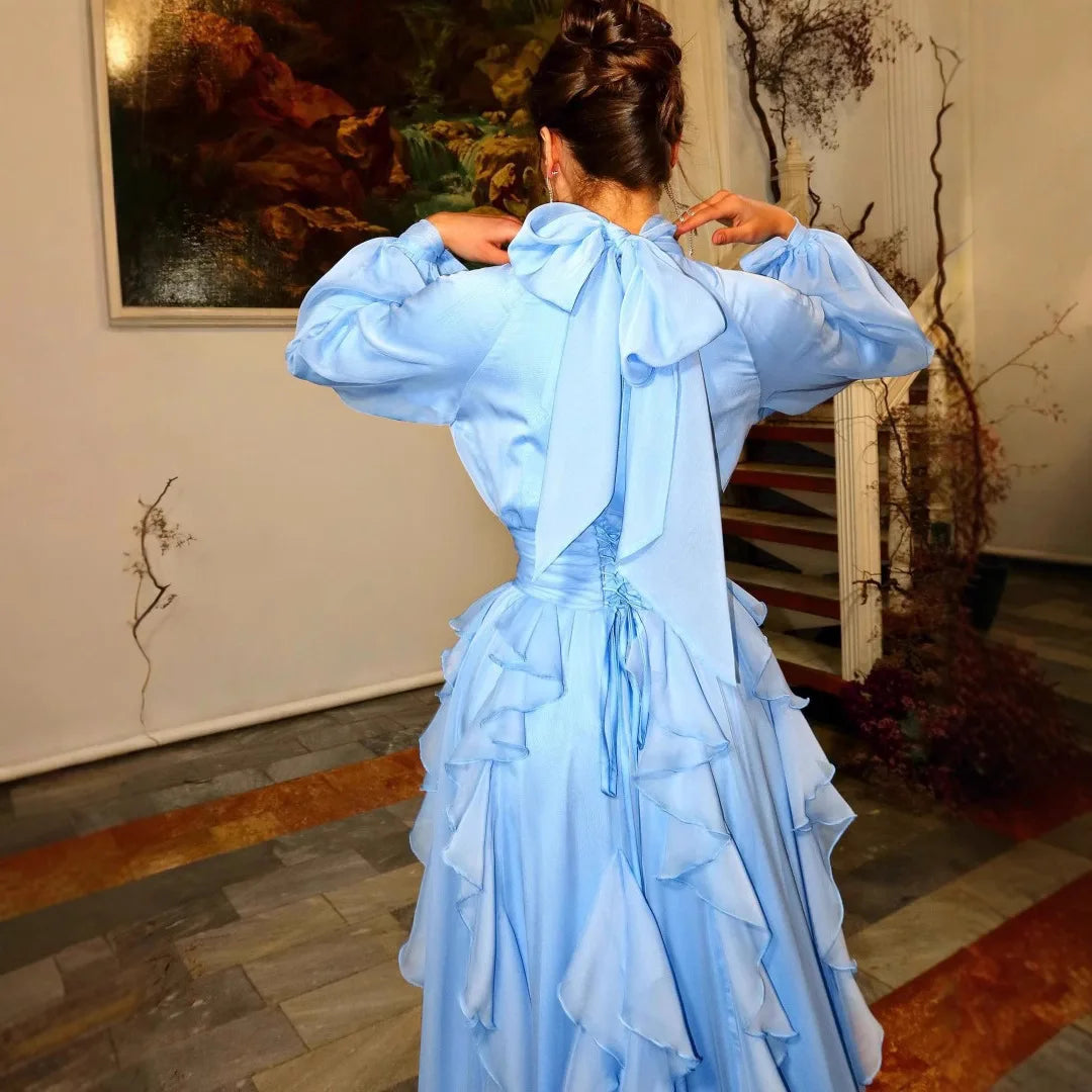 Light Blue Solid Color Long Lantern Sleeve Floor Length Dress for Women