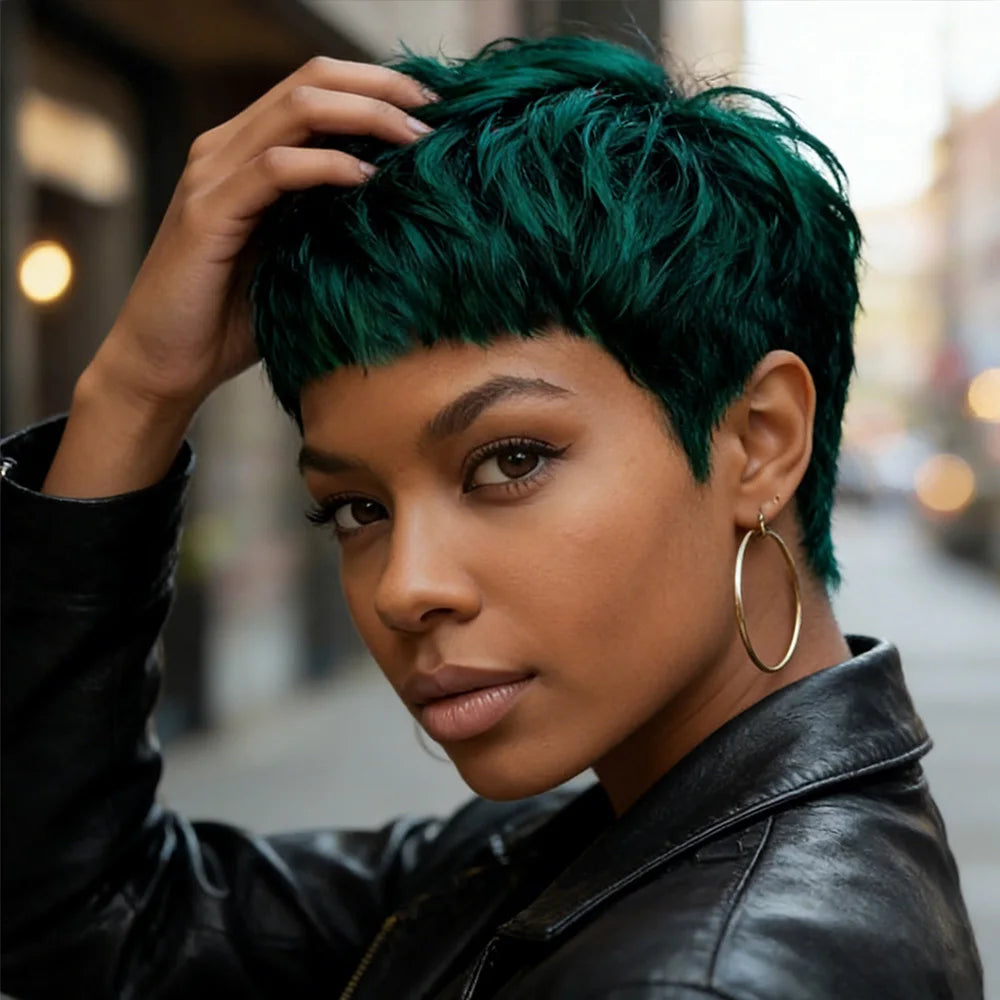 Green Straight Layered High Density Pixie Wig For Women