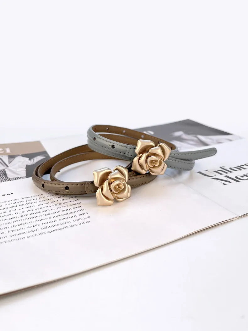 Double Sided Metal Flower Buckle Thin Belt for Women