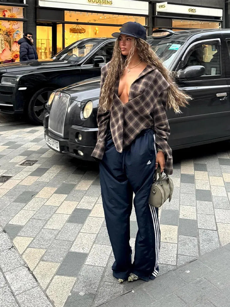 Chic Tailored Plaid Women's Shirts Unique Laple Contrast Full Sleeve Oversize Female Blouse 2025 Autumn Fashion Lady Streetwears