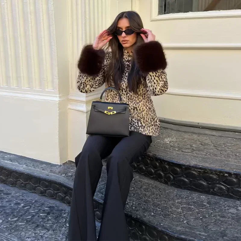 Fitted Vintage Leopard Patchwork Faux Fur Coat for Women