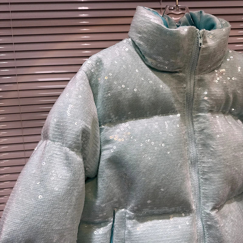 Shiny Sequin Stand Collar Padded Winter Jacket For Women