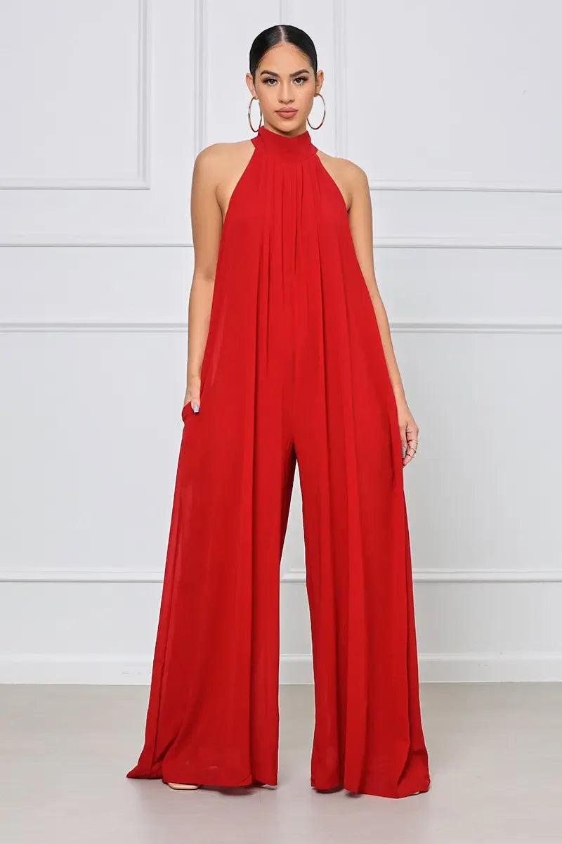 Loose Fit Solid Color Chiffon Ankle Length Jumpsuit for Women