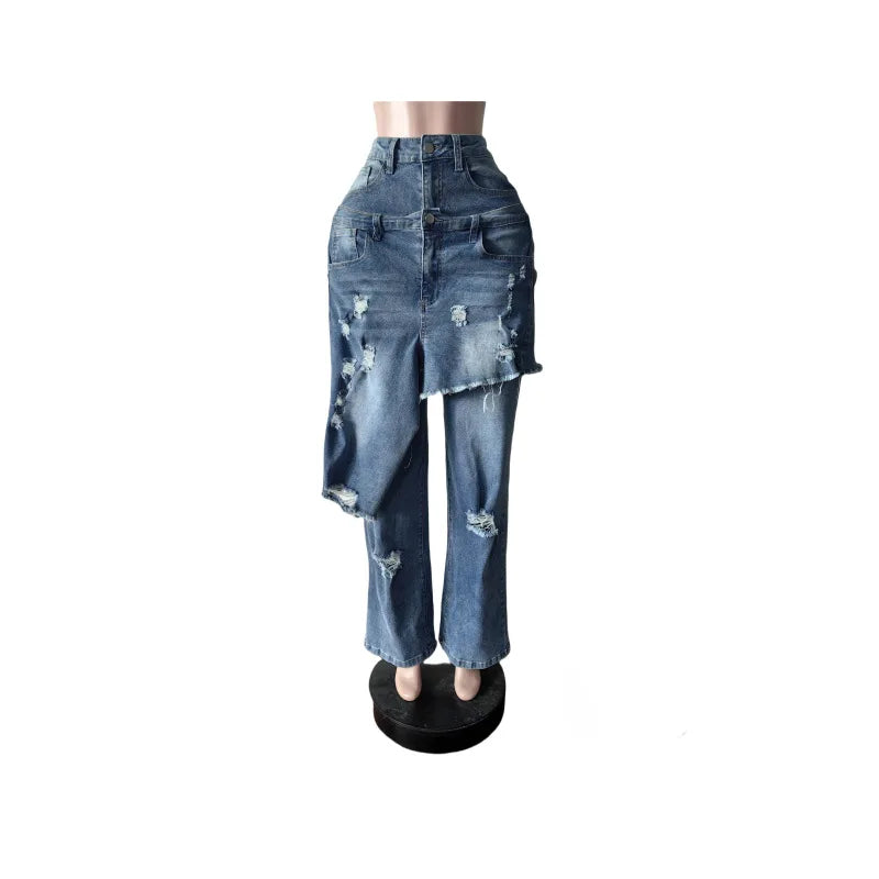 High Waist Ripped Patchwork Straight Cargo Jeans for Women