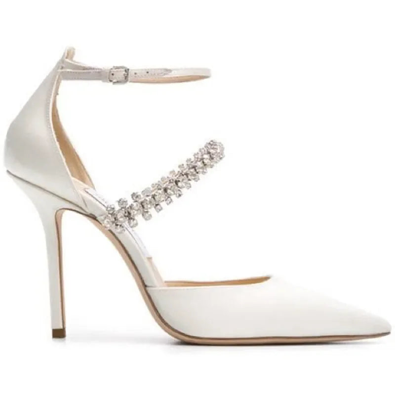 Crystal Embellished Pointed Toe Patent Leather Buckle Heels for Women
