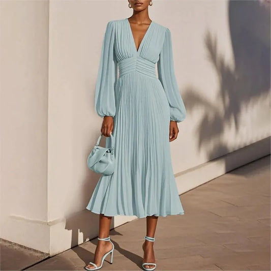 Luxury Dinner Evening Long Dress 2025 Spring Women Club Party Dress Pleated Elegant Dress Female Solid V Neck Clothing