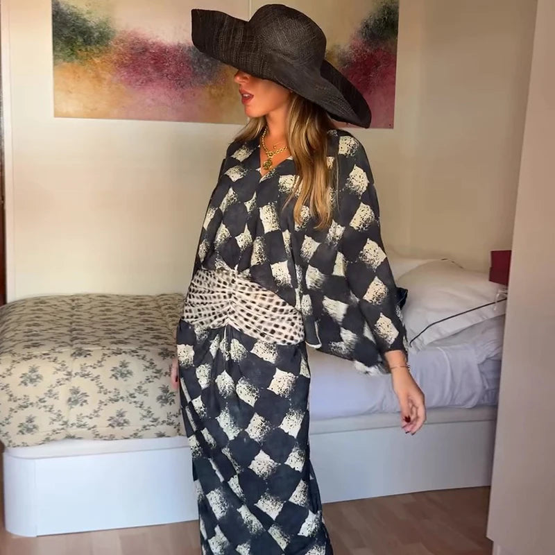 Casual Patchwork Print V Neck Maxi Dress for Women
