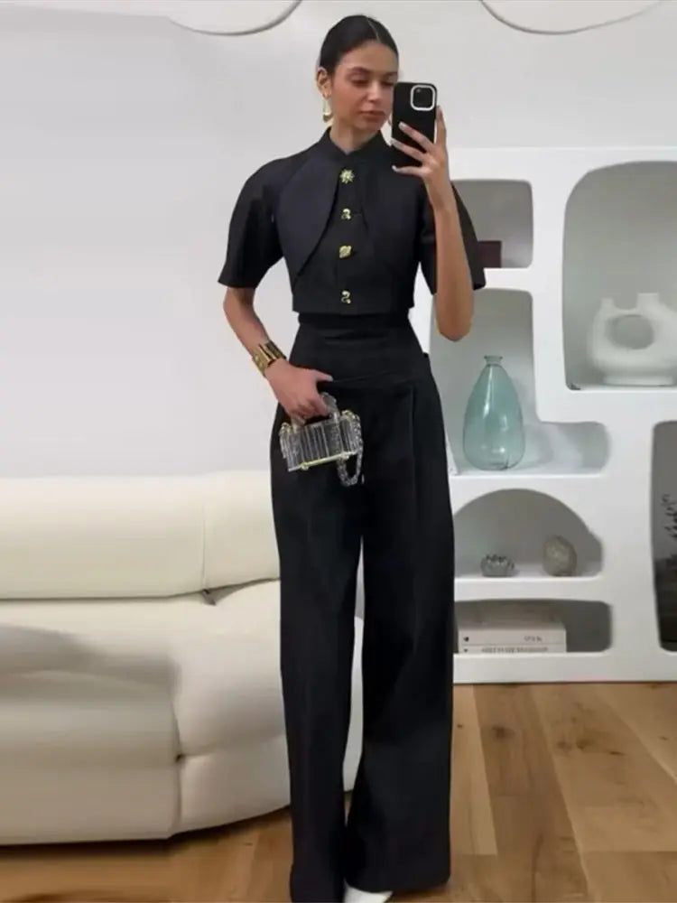Single Button Denim Jacket With Wide Leg Pants For Women