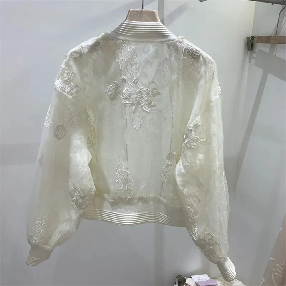 Bead Embroidered Round Neck Baseball Jacket For Women