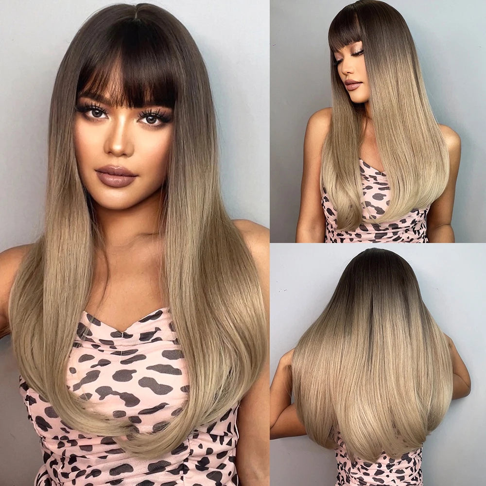 Long Straight Heat Resistant Synthetic Wig With Bangs for Women