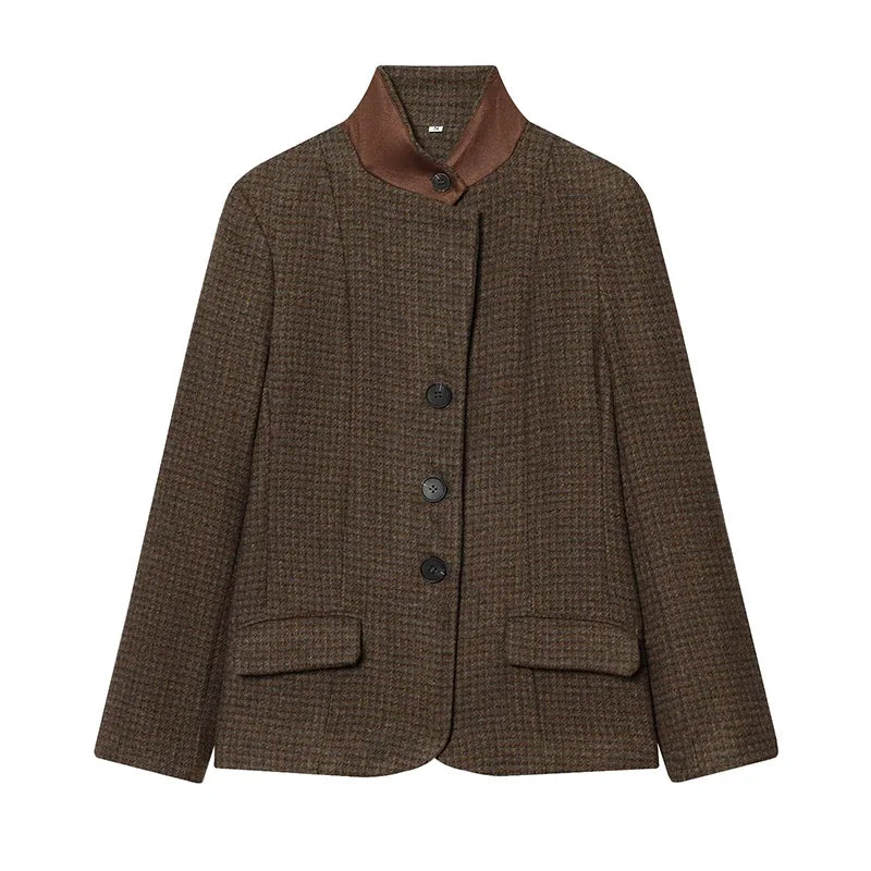 Elegant Grid Stand Collar Loose Single Breasted Woolen Coat for Women