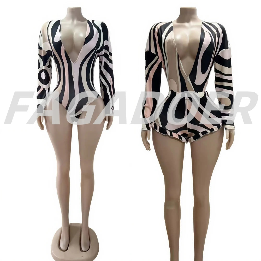 FAGADOER Sexy Stripe Print Two Piece Outfits Woman Long Sleeves See Through V-neck  Crop Top and Shorts Suit Hot Girl Streetwear