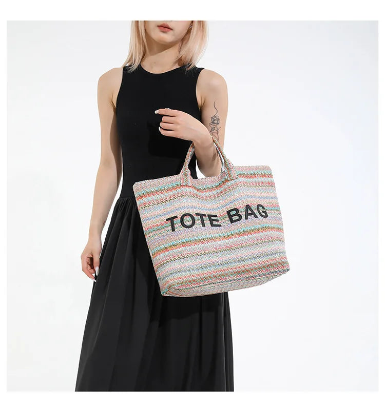 Large capacity beach woven bag, colorful striped tote bag, letter contrasting handbag for women