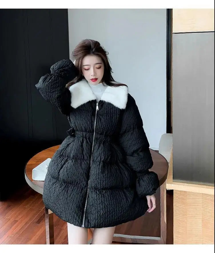 Women Cotton Padded Jacket Coat Female Winter Student Clothing Big Fur Collar Fashionable Medium To Long Parkas